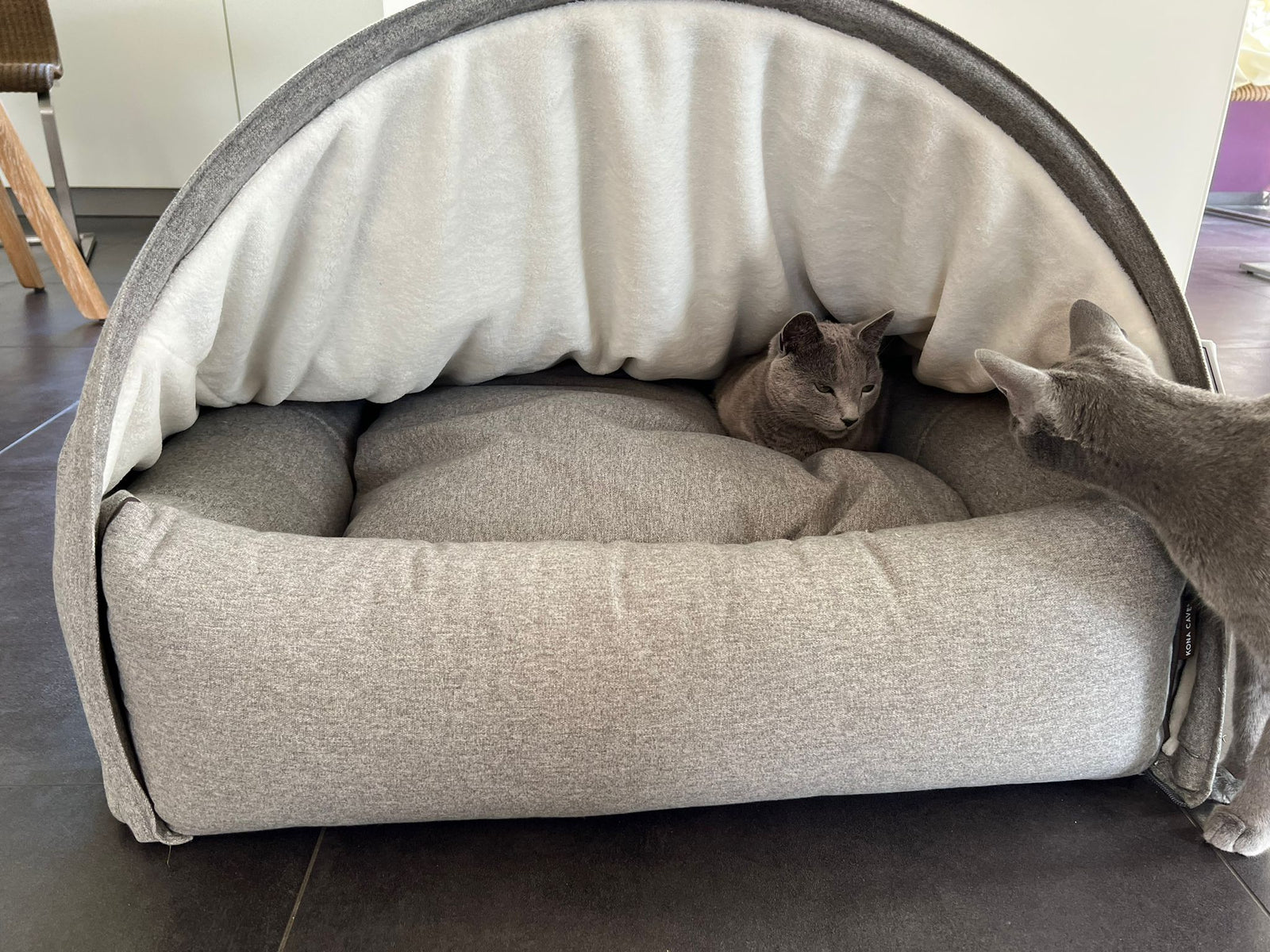 2 Russian Blue Cats in a luxury cat cave bed by KONA CAVE® in grey flannel fabric