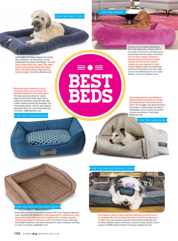 KONA CAVE® voted BEST DOG BED FOR SNUGGLING DOGS by Modern Dog Magazine