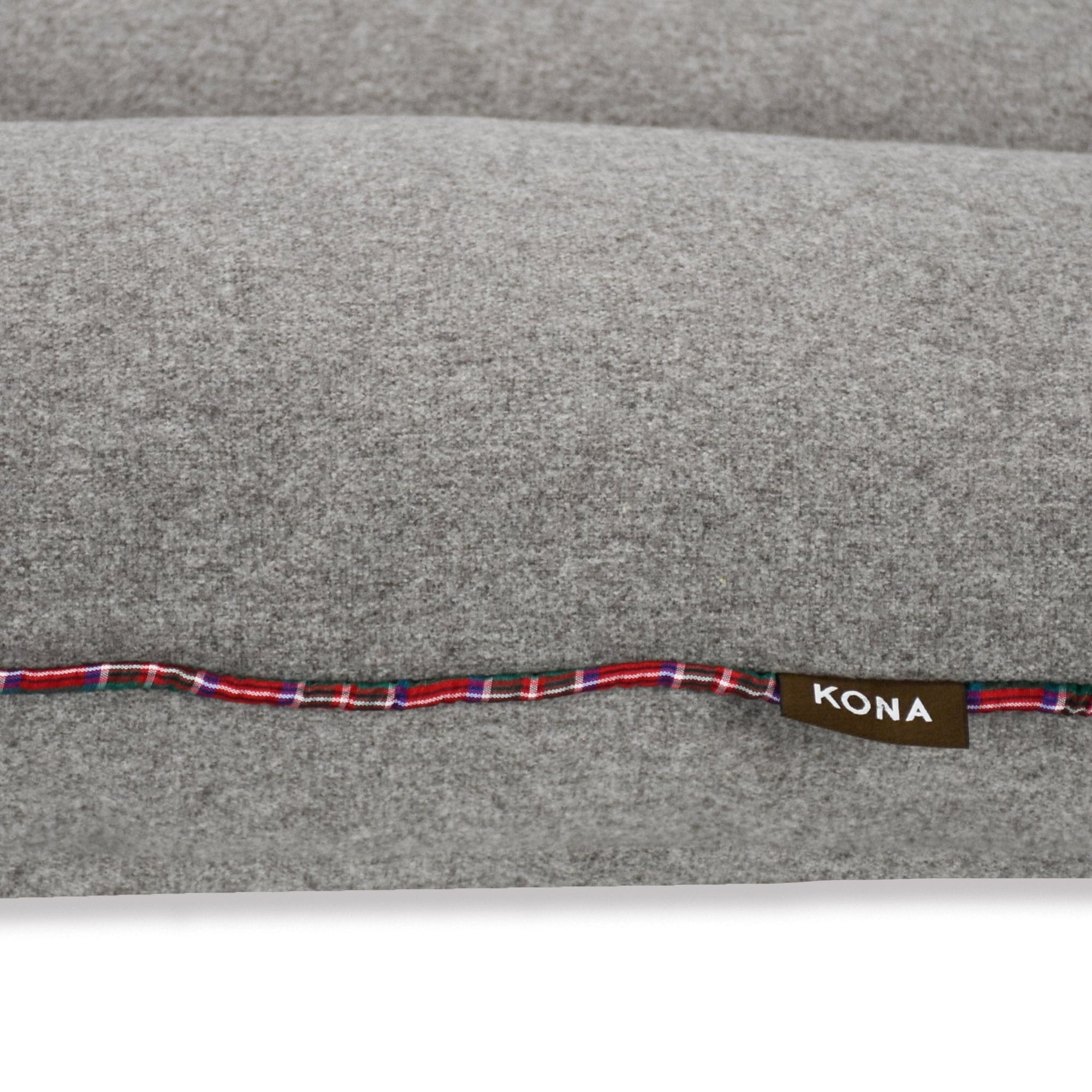 KONA CAVE® Christmas Dog Bed. Grey Flannel with festive Royal Stewart Tartan Trim. Washable. Supportive. Looks Great. On Sale. Black Friday Sale. 