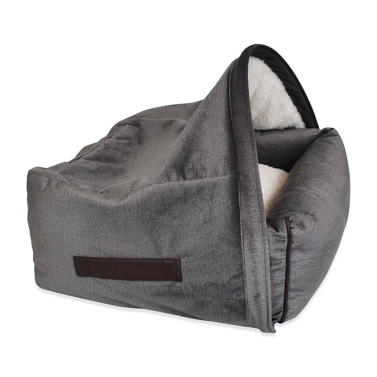 KONA CAVE® Luxury cosy cave den for burrowing dogs and cats in grey velvet with fluffy fleece lining.  Vegan leather handles make moving the bed easy