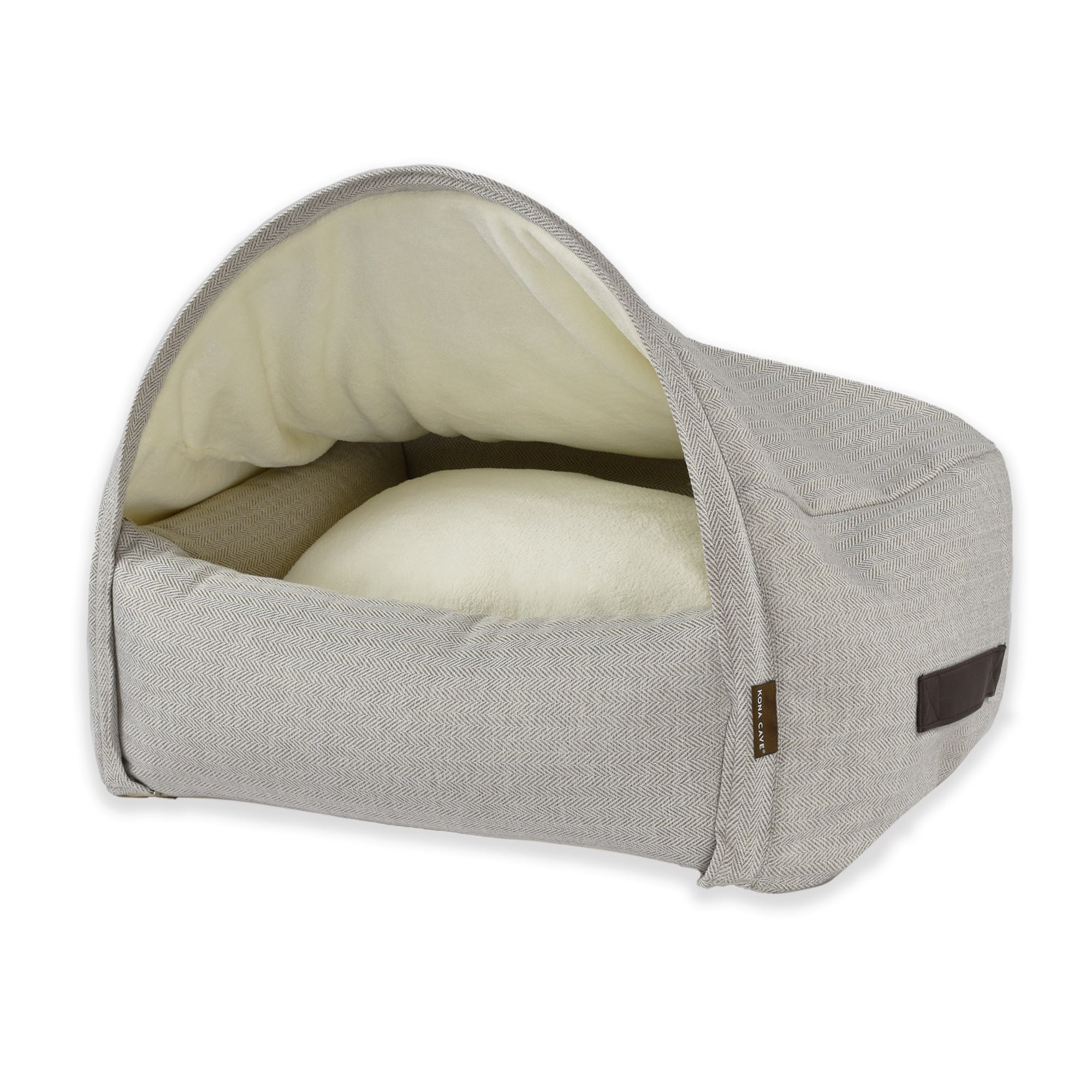 KONA CAVE® luxury dog and cat cozy cave bed in cream herringbone. Removable cover and support tube. Side handles.
