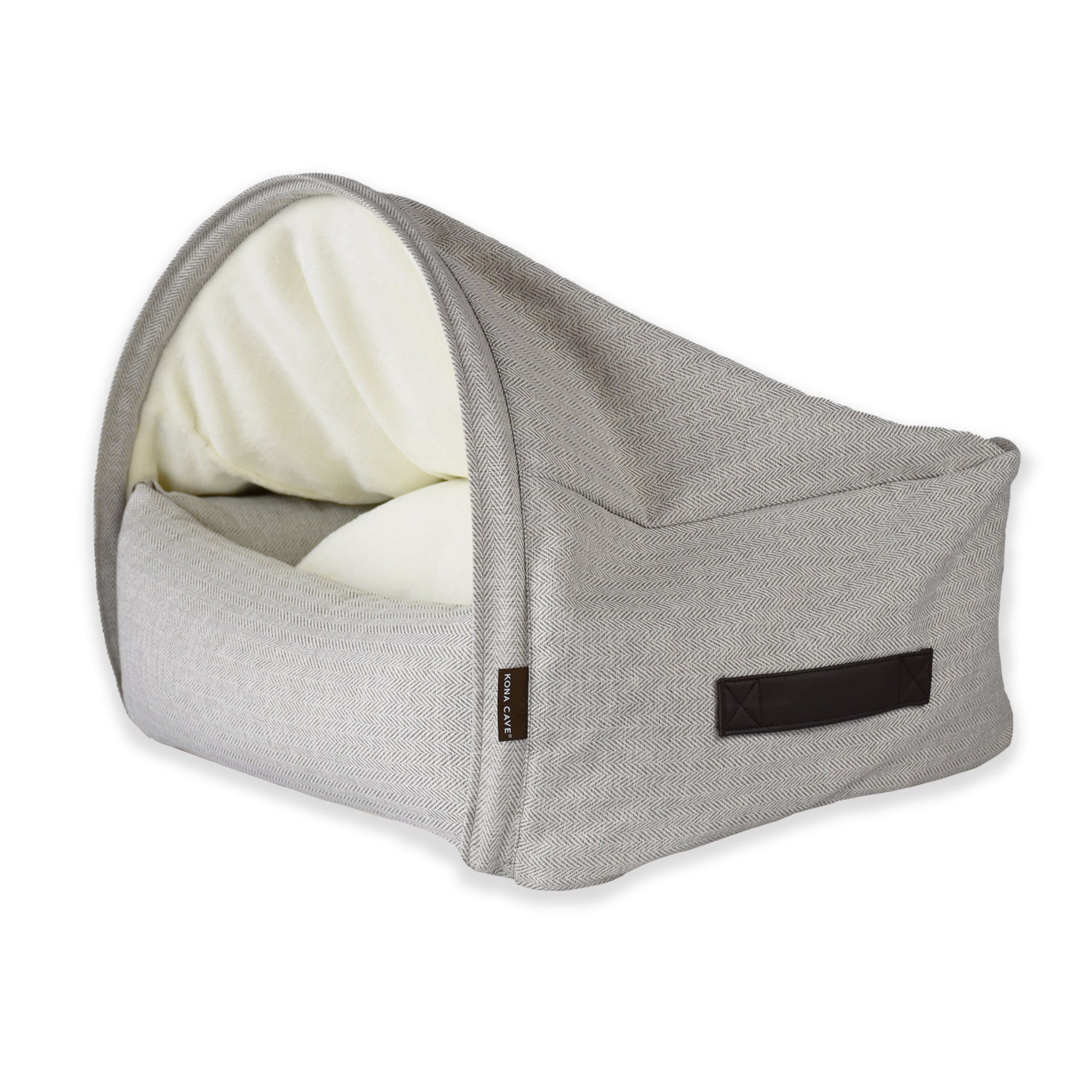 KONA CAVE® luxury dog and cat cozy cave bed in cream herringbone. Removable cover and support tube. 