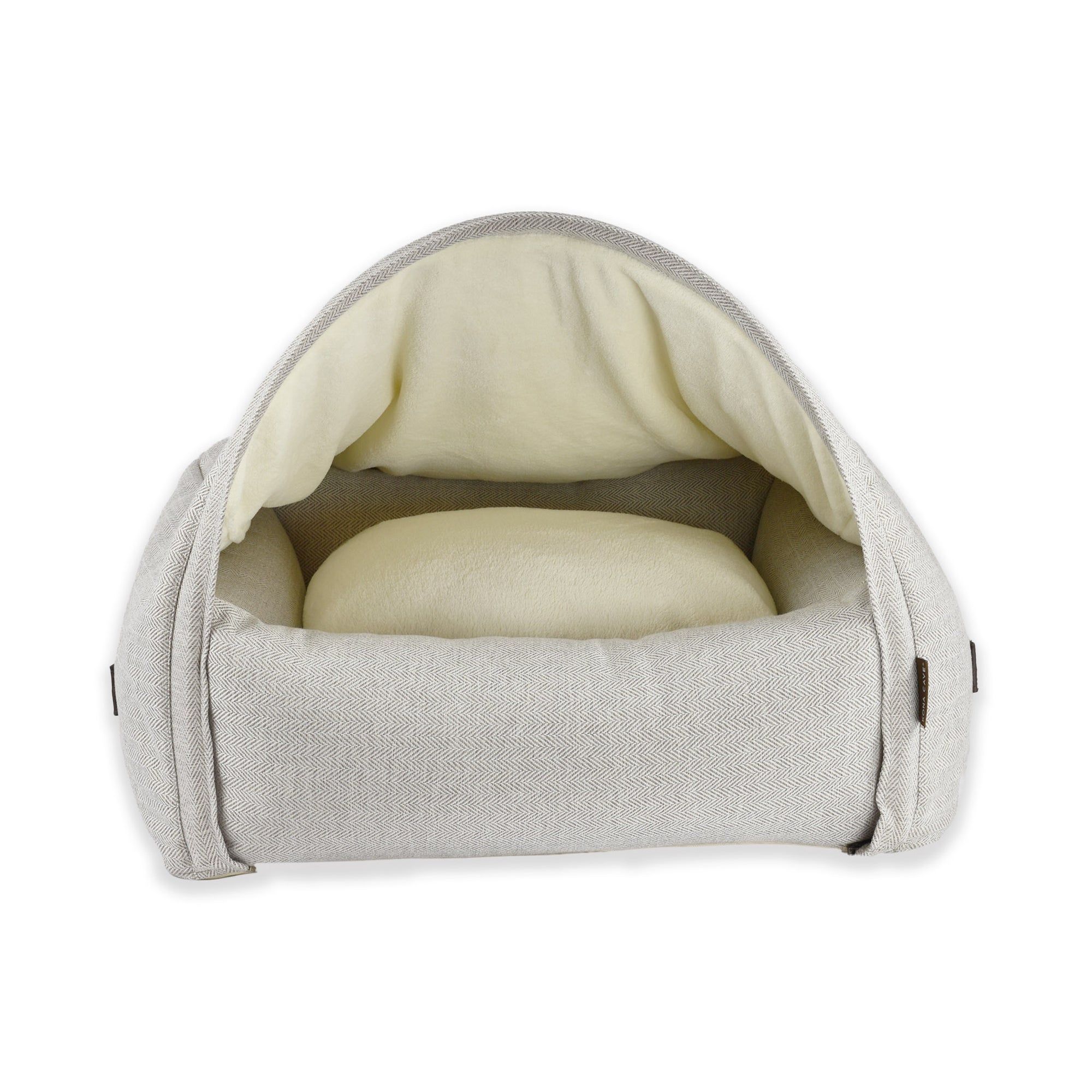KONA CAVE® luxury dog and cat canopy cuddle cave bed in cream herringbone. Removable cover and support tube. 