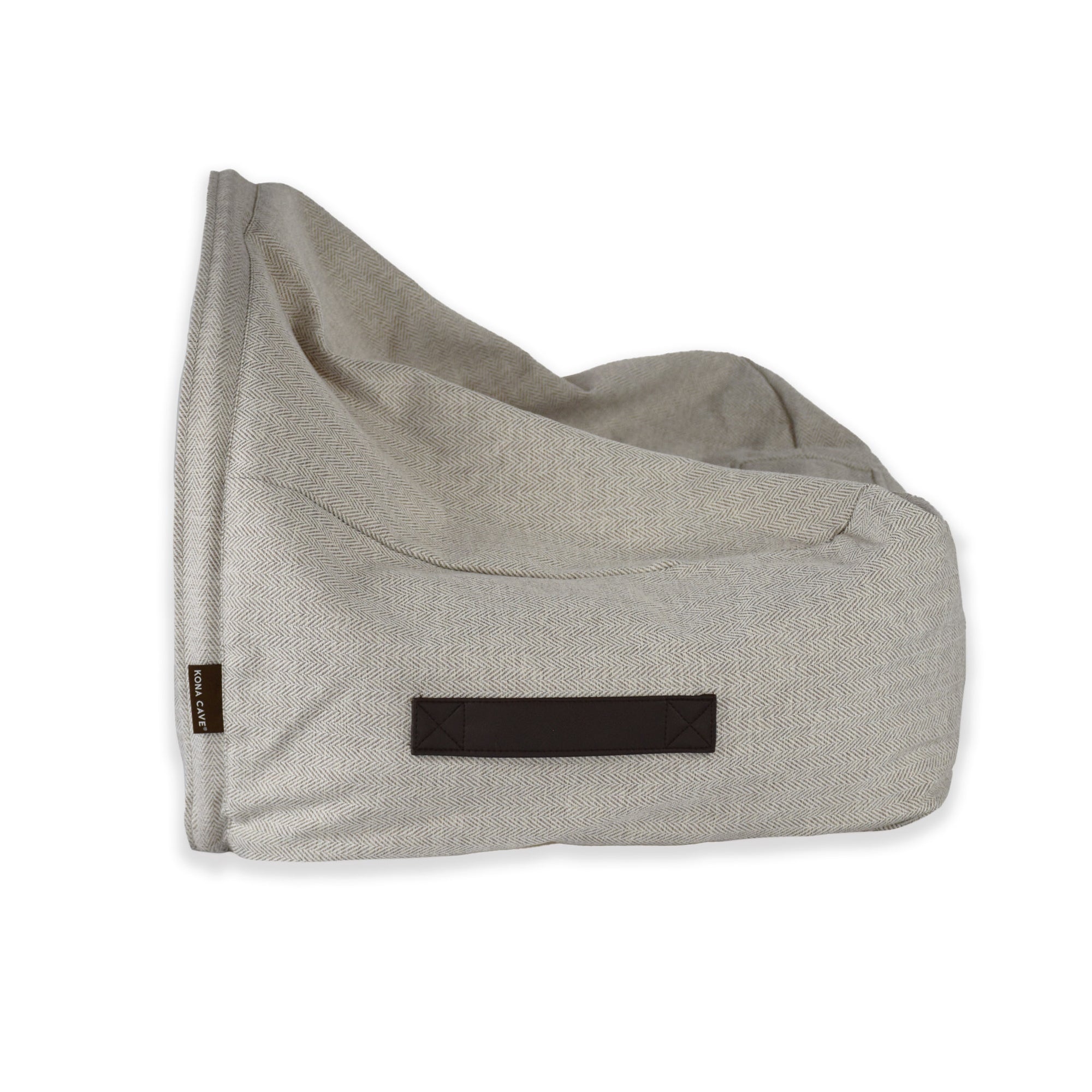 KONA CAVE® luxury dog and cat cozy cave bed in cream herringbone. Removable cover and support tube. Side handles