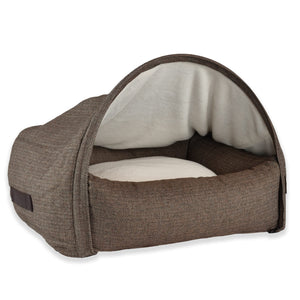 KONA CAVE® Luxury snuggle cozy cave dog and cat bed in brown herringbone with soft fleece lined burrow bed