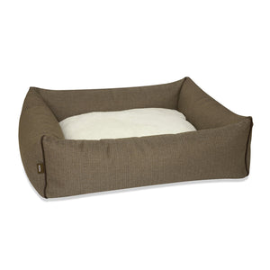 KONA CAVE® Luxury snuggle cozy cave dog and cat bed in brown herringbone with vegan leather trim on the corners