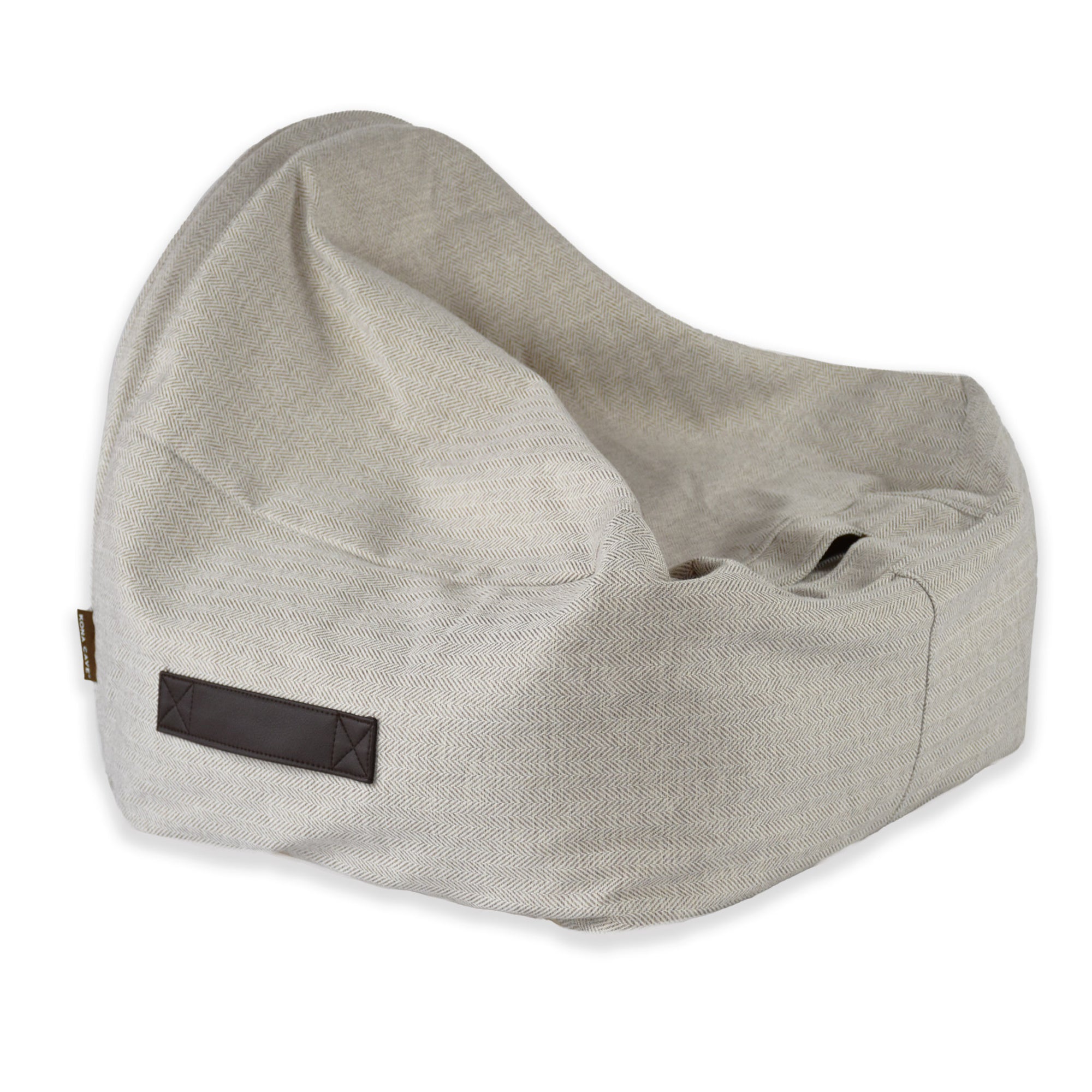 KONA CAVE® luxury snuggle cave bed for dogs and cats in cream herringbone. Patented safety air vent in the back of the bed to keep pets safe. 