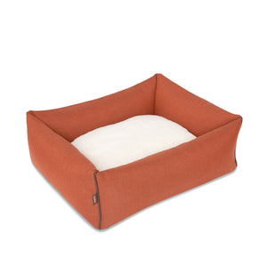 KONA CAVE® designer dog bed in elegant orange herringbone fabric with beautiful vegan leather trim and fleece lining