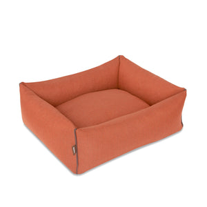 KONA CAVE® designer dog bed in elegant orange herringbone fabric with vegan leather trim.