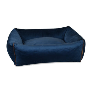 KONA CAVE® luxury cozy dog cave bed in blue velvet. Patented design has sturdy rectangular base and arched canopy cover.