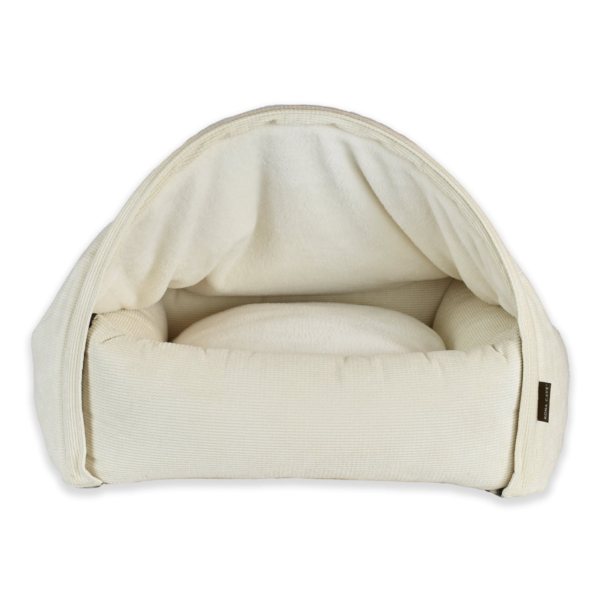 KONA CAVE® luxury cozy canopy cave cuddle bed for medium dogs. Cream corduroy burrow bed with removable canopy top. 