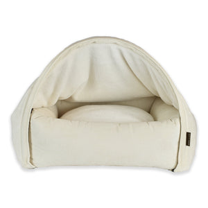 KONA CAVE® luxury cozy canopy cave cuddle bed for medium dogs. Cream corduroy burrow bed with removable canopy top. 