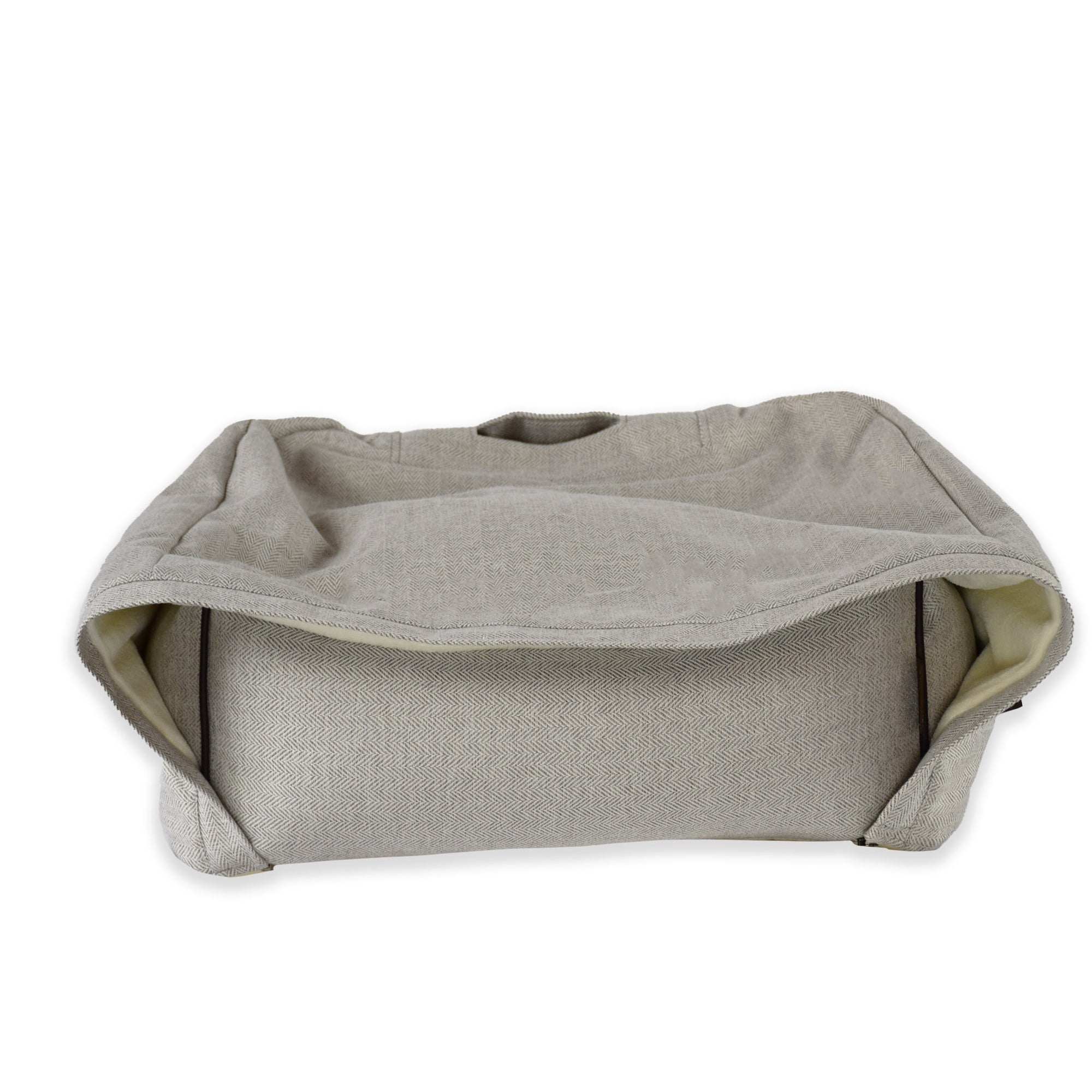 KONA CAVE® luxury dog and cat snuggle cave bed in cream herringbone. Remove support tube to have canopy lie on the bed like a blanket. Great to keep pets warm. 