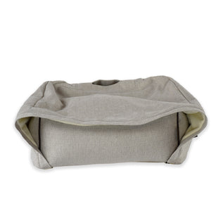 KONA CAVE® luxury dog and cat snuggle cave bed in cream herringbone. Remove support tube to have canopy lie on the bed like a blanket. Great to keep pets warm. 