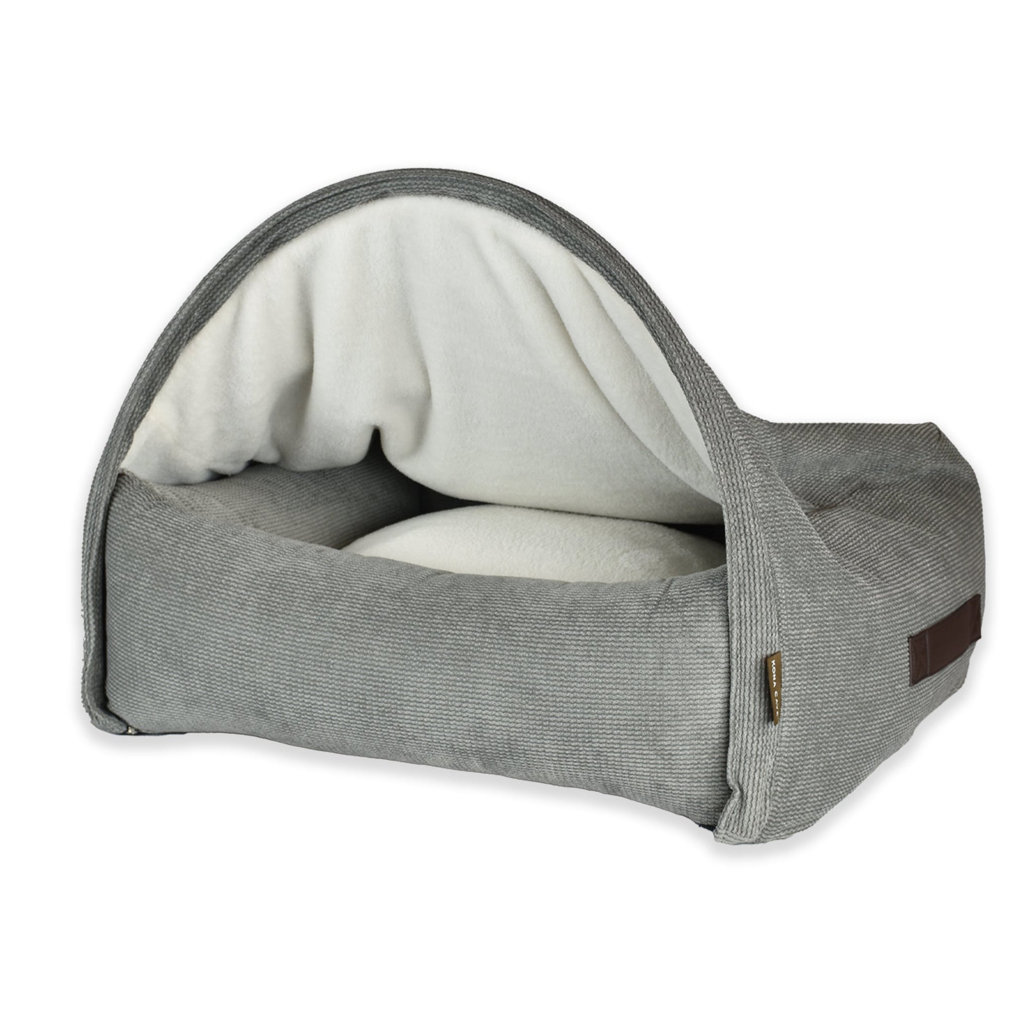 KONA CAVE® luxury cozy snuggle cave cuddle bed. Grey corduroy burrow bed for dogs and cats who burrow. Patented design of sturdy bed base and arched canopy cover. 