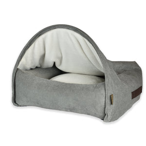 KONA CAVE® luxury cozy snuggle cave cuddle bed. Grey corduroy burrow bed for dogs and cats who burrow. Patented design of sturdy bed base and arched canopy cover. 