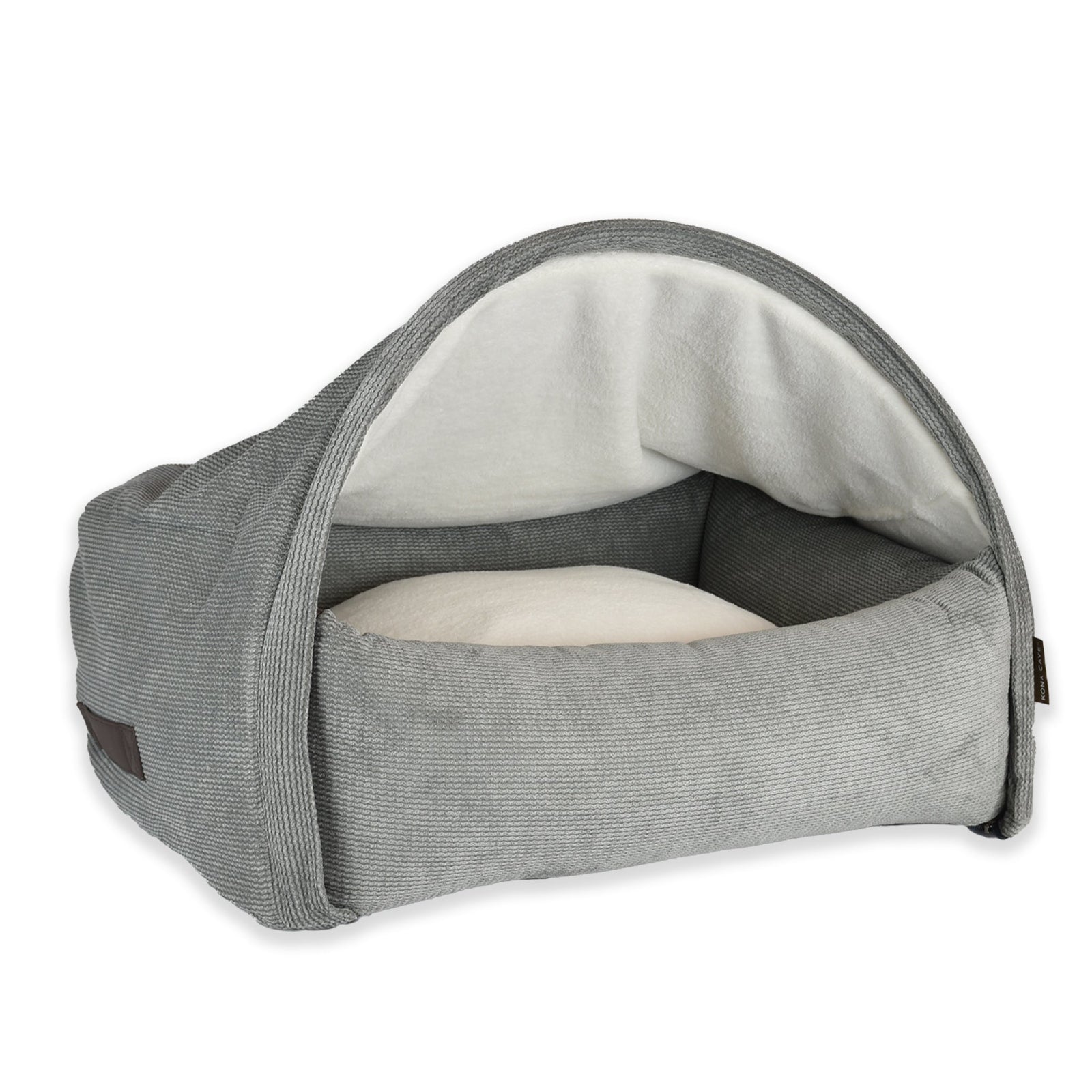 KONA CAVE®  luxury cozy snuggle cave cuddle bed. Grey corduroy burrow bed for dogs and cats who sleep under blanket. Patented design of sturdy bed base and arched canopy cover. 