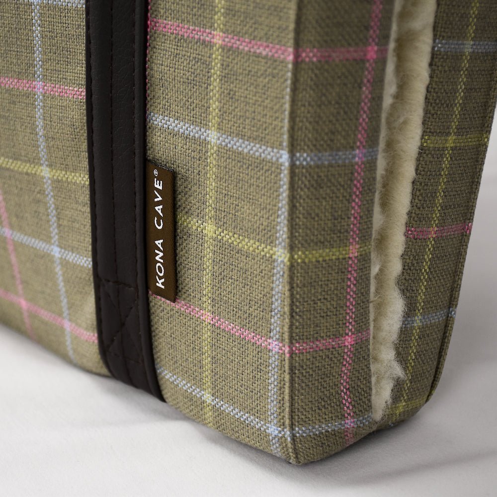 KONA CAVE® Folded Travel Dog Bed for restaurants, cars, pubs and hotels. Reinforced vegan leather straps and stylish pink plaid fabric.