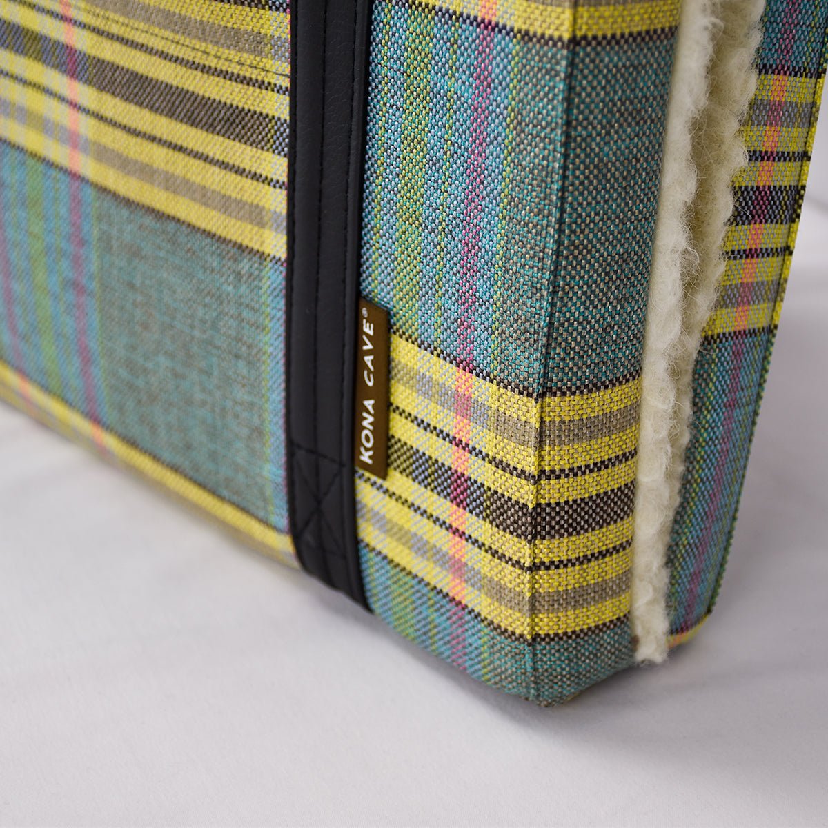 Luxury KONA CAVE® Folded Travel Dog Bed for restaurants, cars, pubs and hotels. Designer foldable portable pastel Esprit plaid fabric.