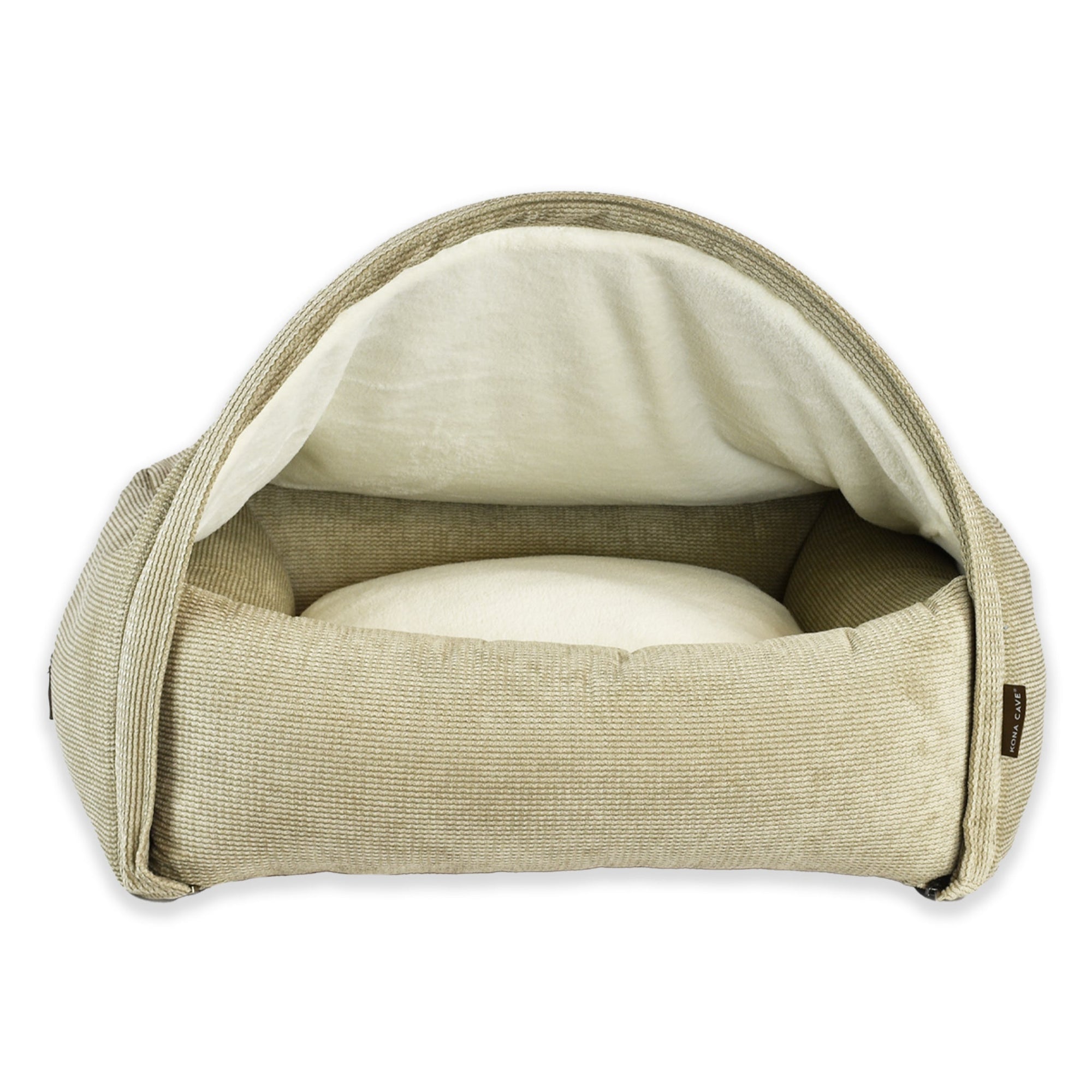 KONA CAVE® Luxus Marke snuggle Vordach Höhle Kuschelbett. Hellbraunes Kordbett für Hunde und Katzen mit abnehmbarem Höhlendach. Waschbar. 