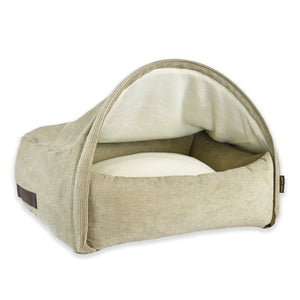 KONA CAVE®  luxury brand snuggle canopy cave cuddle bed. Tan corduroy burrow bed for dogs and cats with removable canopy cave cover. washable. 
