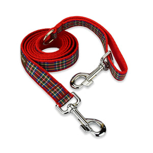 KONA CAVE® red tartan leash. Authentic Royal Stewart Tartan Ribbon on Red nylon leash.  Extra Clip to shorten leash or attach to poop bags, etc. Adjustable length nylon and ribbon leash. 