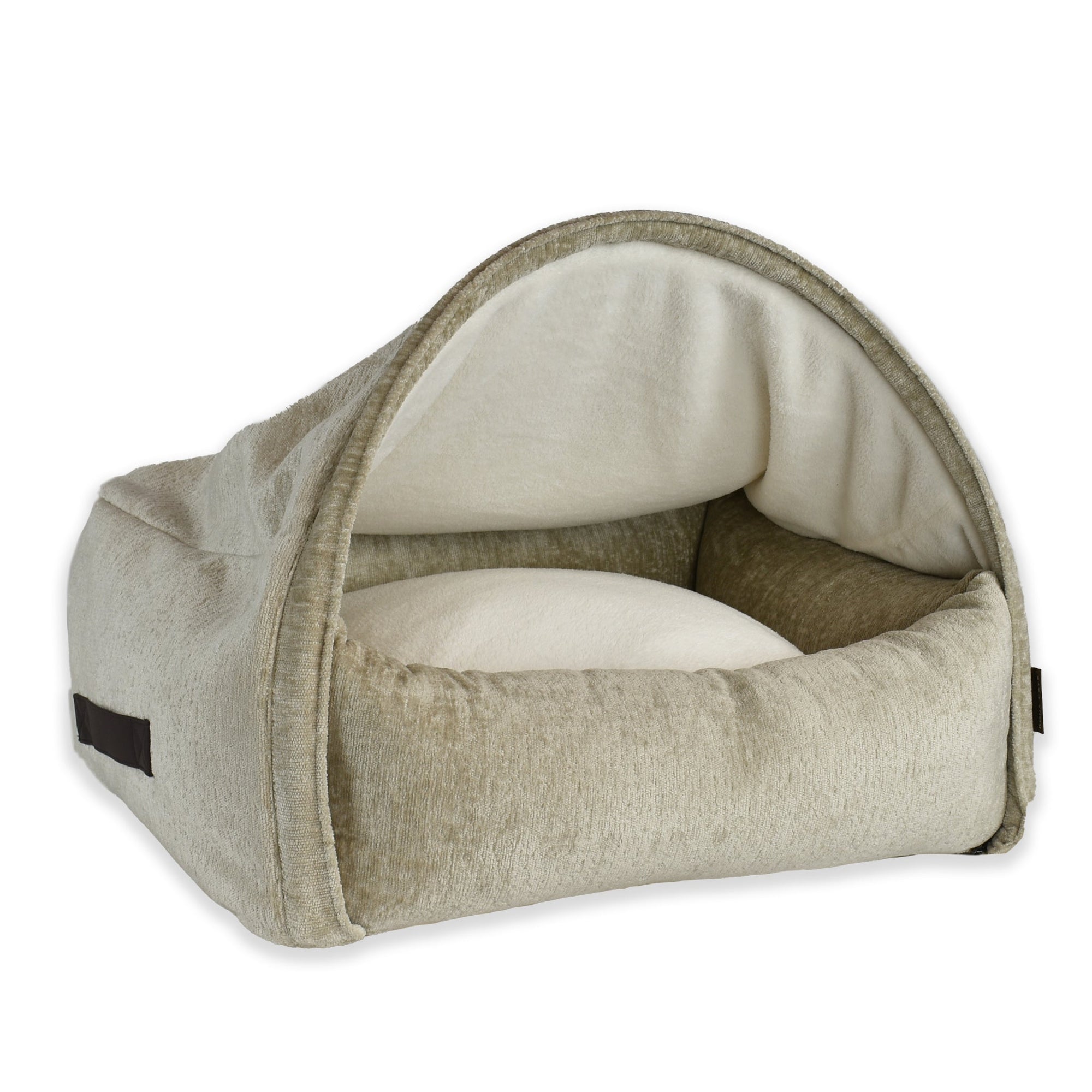 KONA CAVE®  luxury burrow cave dog bed in beige velvet with removable canopy cave cover.  Great for small to big dogs.