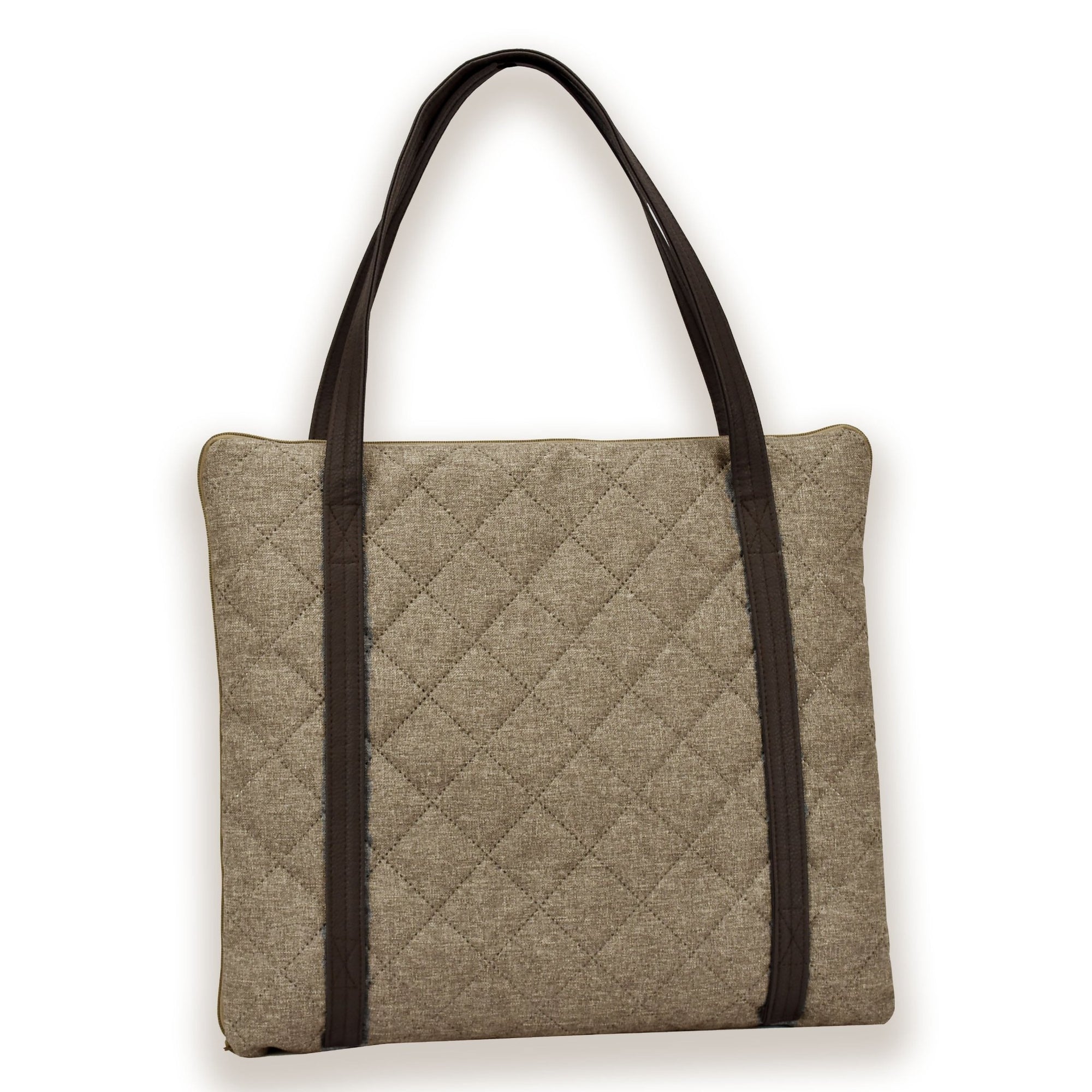 Travel dog bed. Portable dog bed. Folded, zips closed. Carried by long shoulder straps, handles. Ideal for restaurants. Beige back
