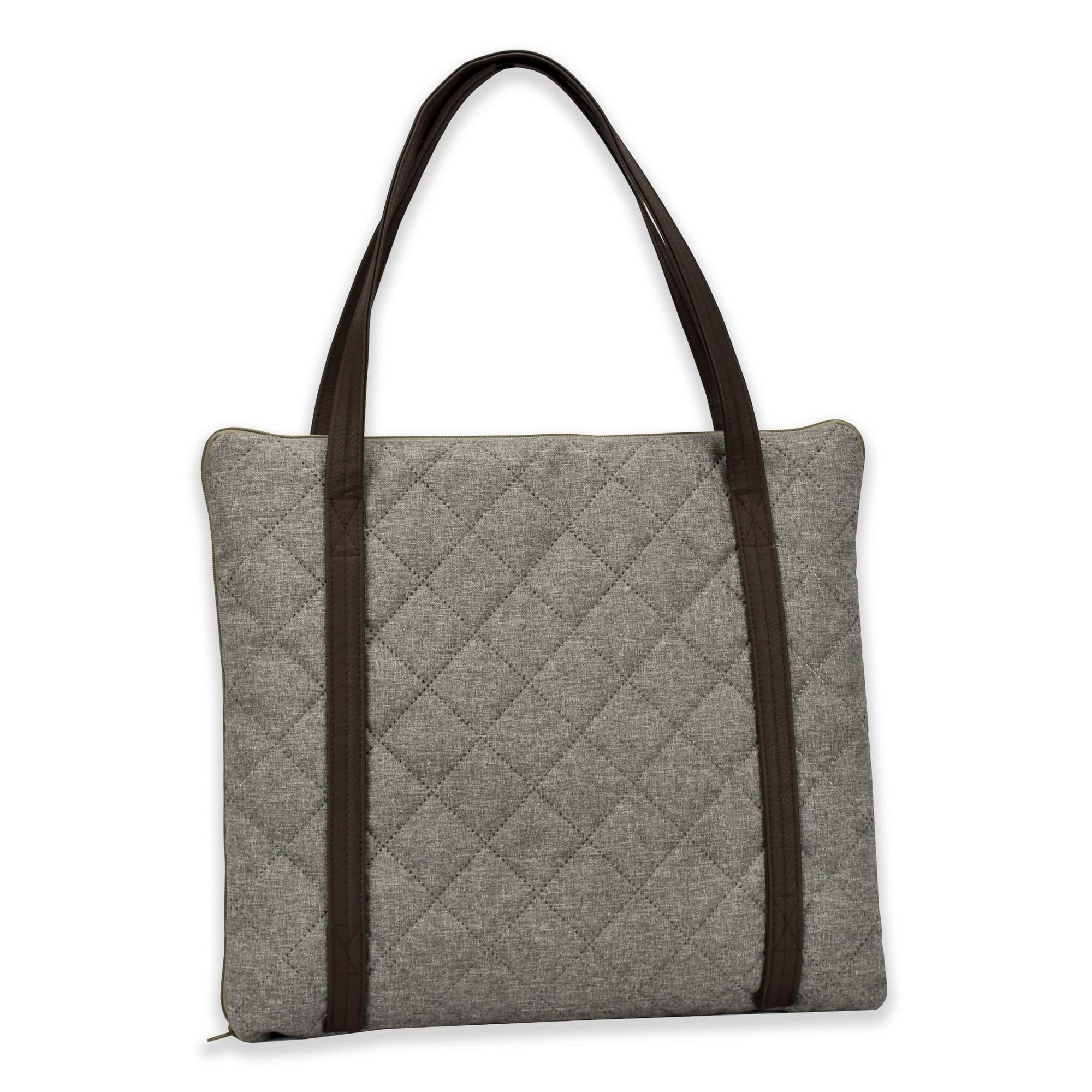 Travel dog bed. Portable dog bed. Folded, zips closed. Carried by long shoulder straps, handles. Ideal for restaurants. Grey. 