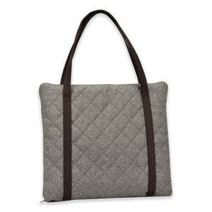 Travel dog bed. Portable dog bed. Folded, zips closed. Carried by long shoulder straps, handles. Ideal for restaurants. Grey. 
