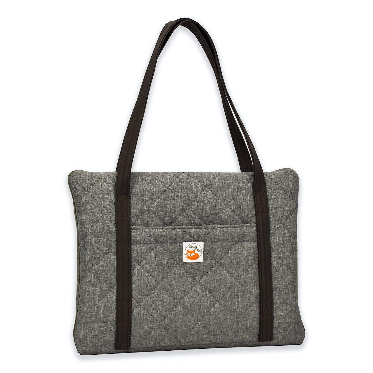 Travel dog bed. Portable dog bed. Folded, zips closed. Carried by long shoulder straps, handles. Ideal for restaurants. Grey