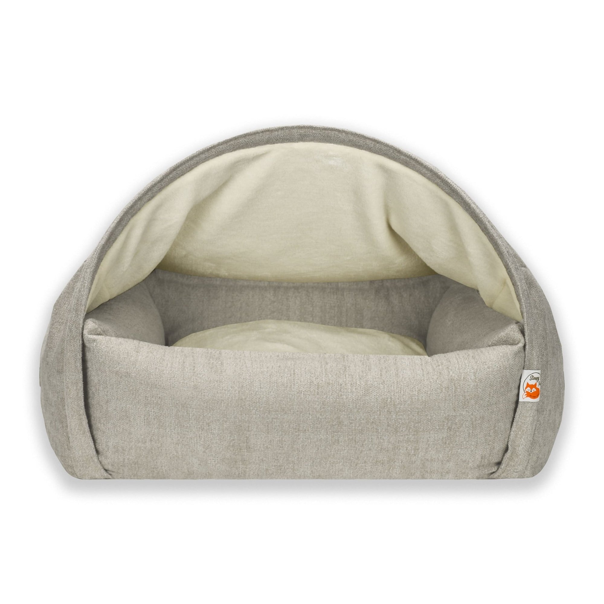 Sleepy Fox® Cozy cave dog / cat bed in cream velvet. Domed dog den for burrowing pets.  Superior patented design