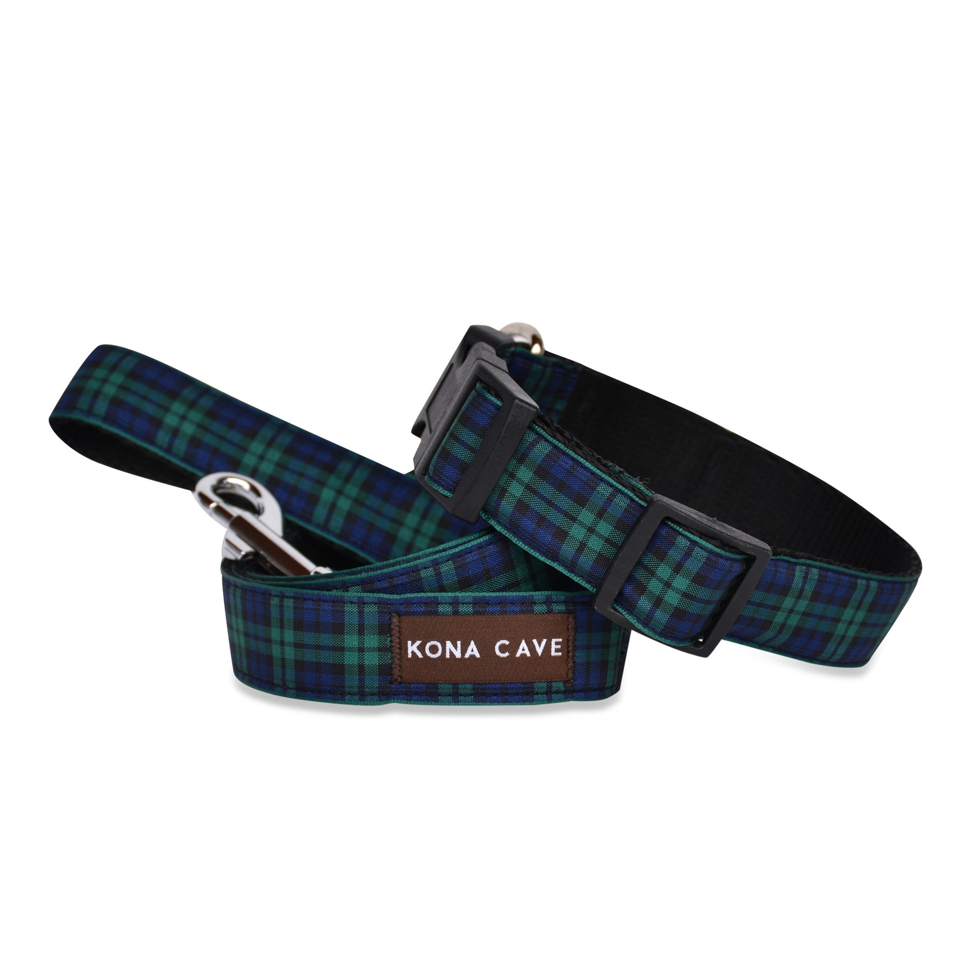 KONA CAVE ® - adjustable size dog collar and lead in authentic Blackwatch tartan (blue/green)