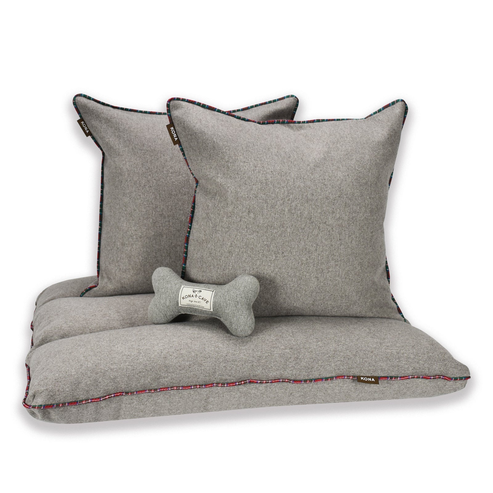 Christmas Doggy Décor Bed Set - Grey Flannel with Red Royal Stewart Tartan Holiday Trim