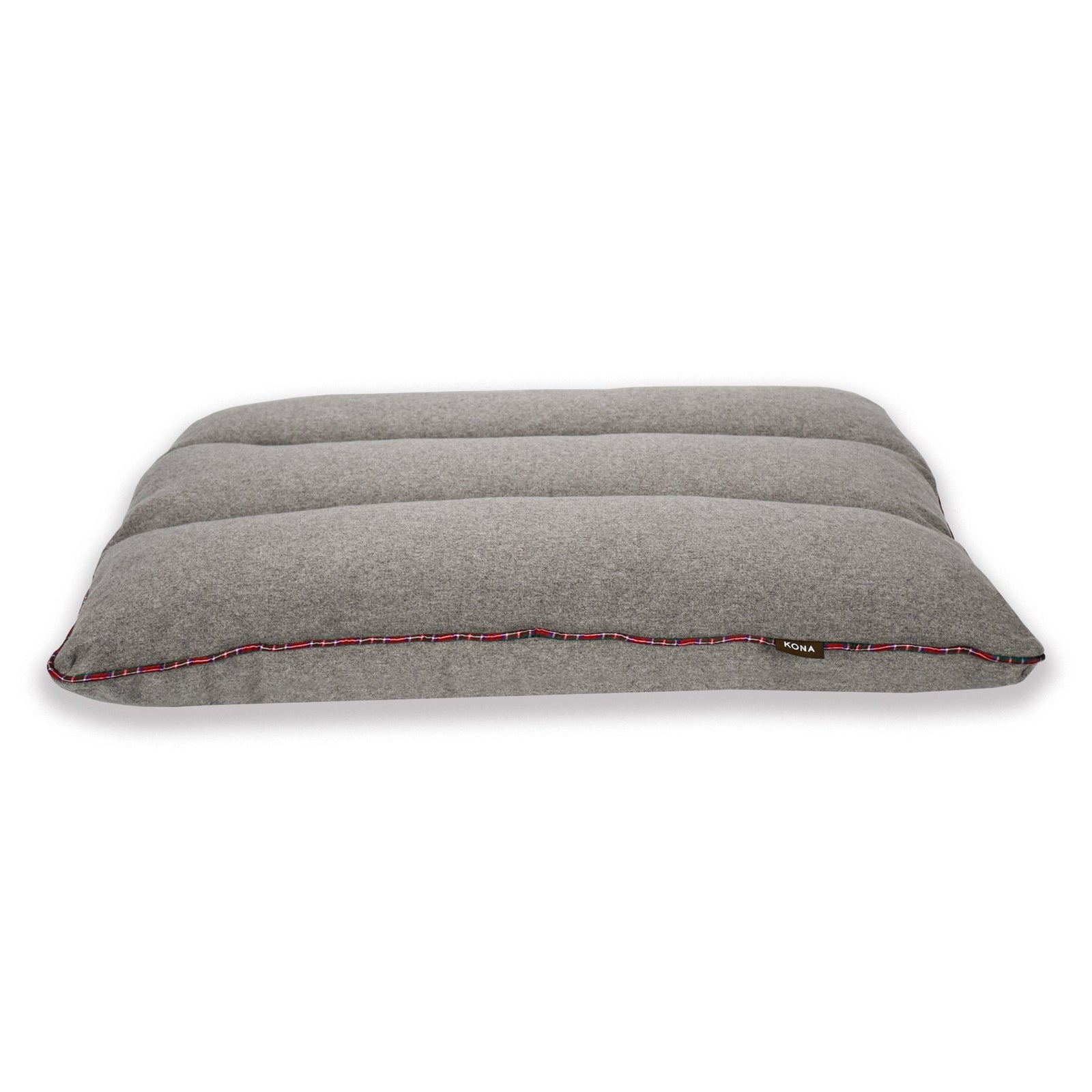 KONA CAVE® Christmas Dog Bed. Grey Flannel with festive Royal Stewart Tartan Trim. Washable. Supportive. Looks Great. On Sale. Black Friday Sale. 