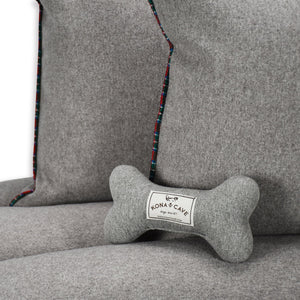 KONA CAVE® Cloud Bed Decor Gift Set.  Grey Flannel dog bed cushion with red Royal Stewart Tartan trim.  Set in clouds 2 matching holiday pillow covers with tartan trim and grey flannel toy dog bone. 