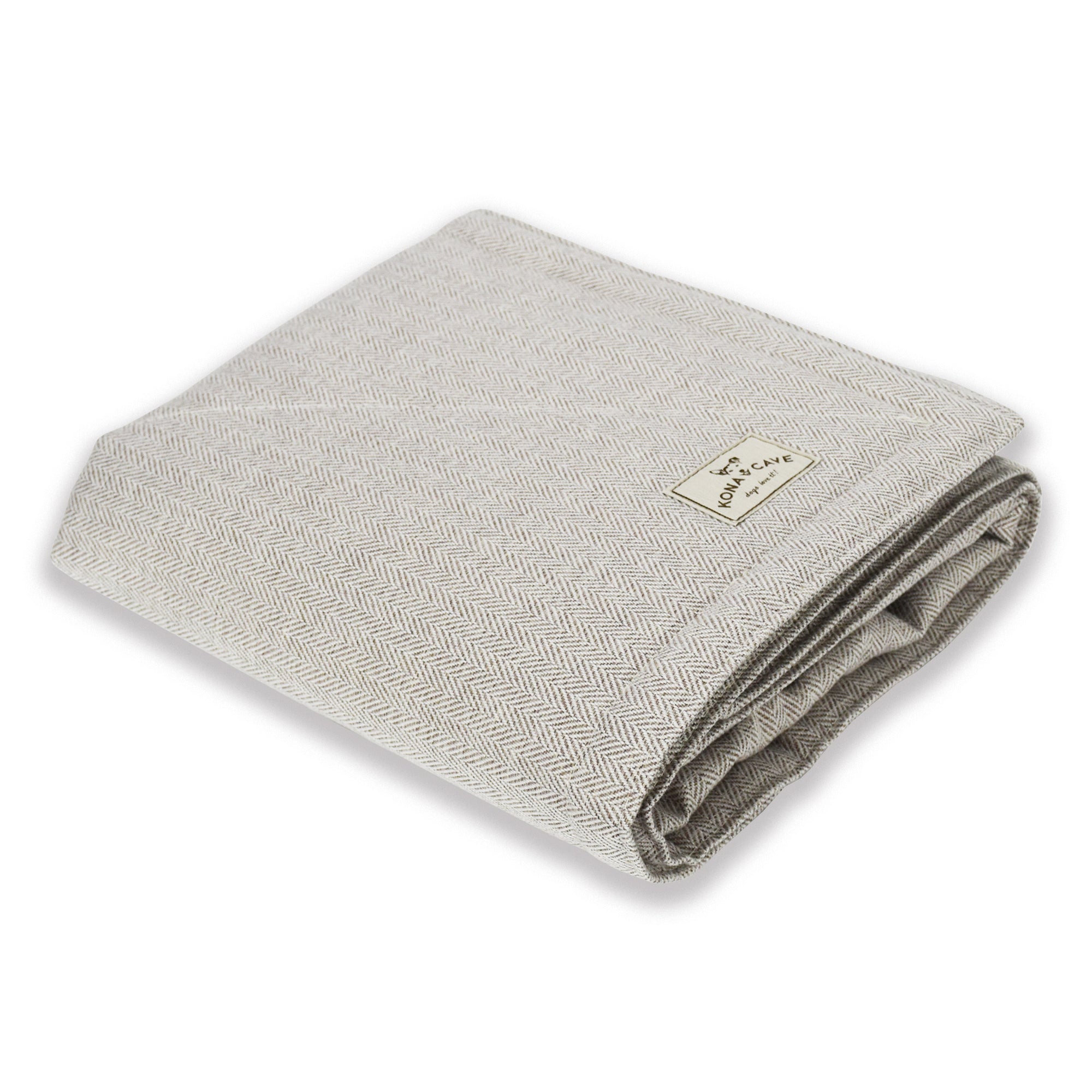KONA CAVE lined luxury weighted pet blanket soothes people. Pet size blanket. Cream Herringbone. 