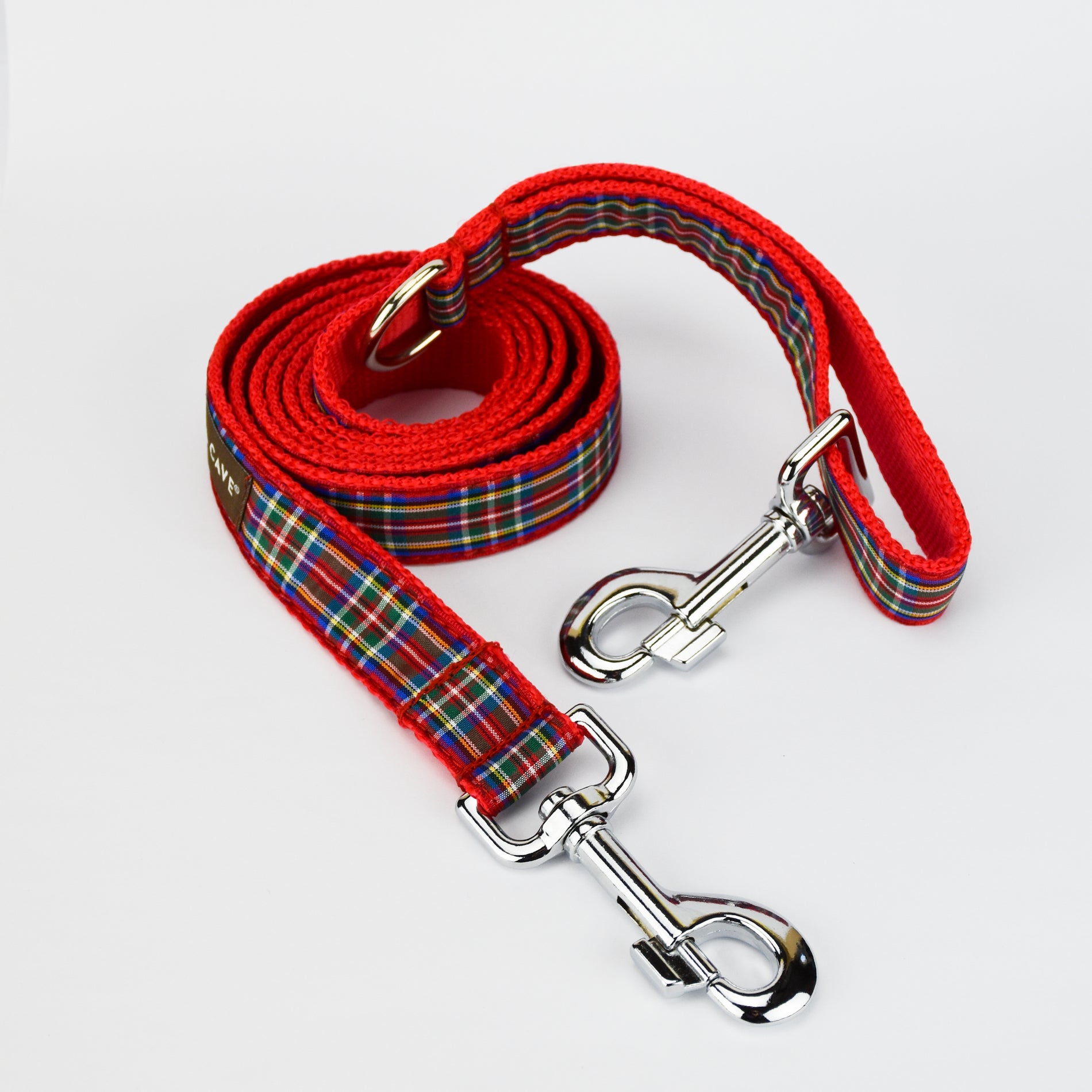 KONA CAVE® leash in Royal Stewart Scottish Tartan Dog Ribbon Leash / Lead with double-ended clip function for hands-free walks
