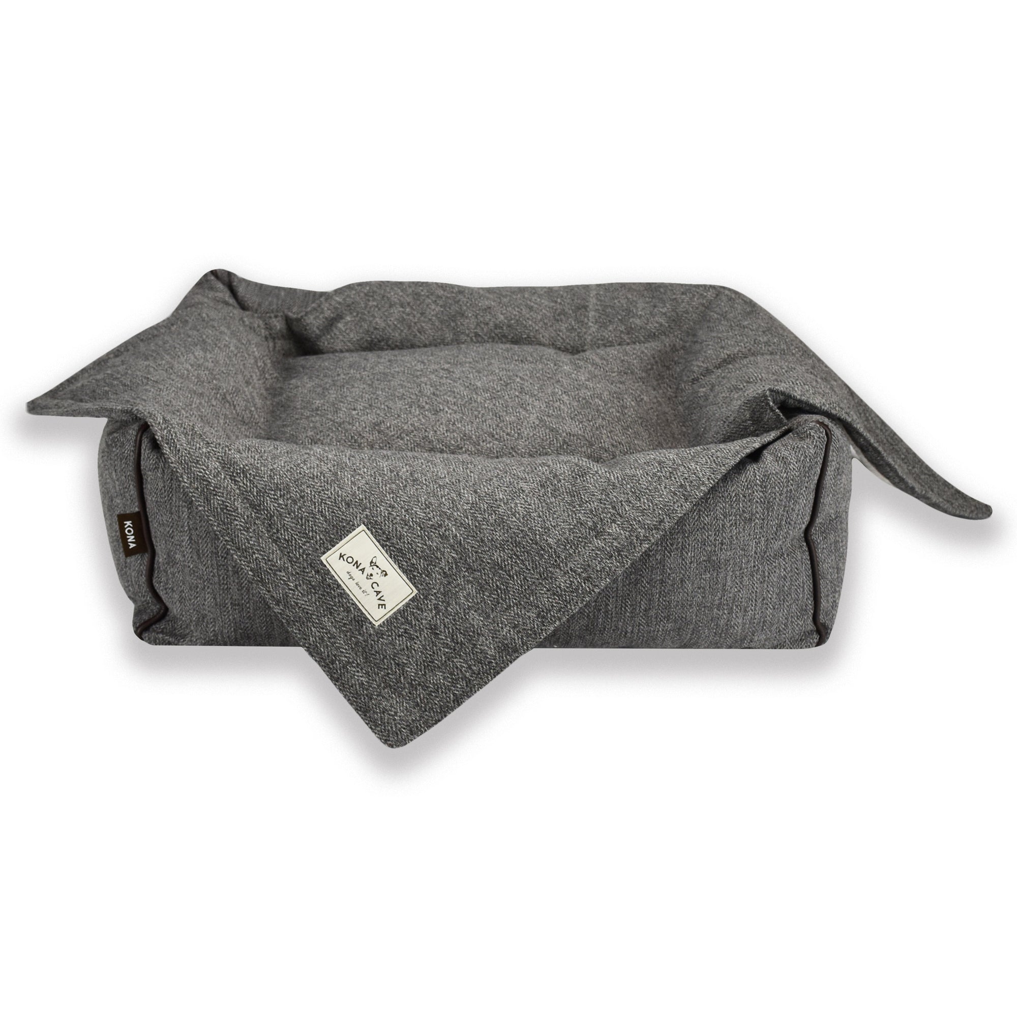 KONA CAVE® Grey Herringbone Pet Blanket and Bolster Bed coordinate perfectly for the style conscious dog and pet parent 