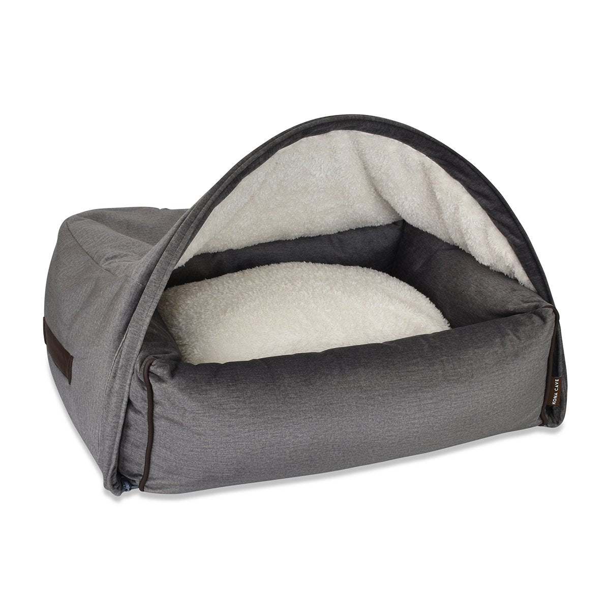 KONA CAVE® Luxury canopy cuddle cave den for burrowing dogs and cats in washable grey velvet with fluffy fleece lining. Beautiful and high-quality luxury cozy clam cave bed. 