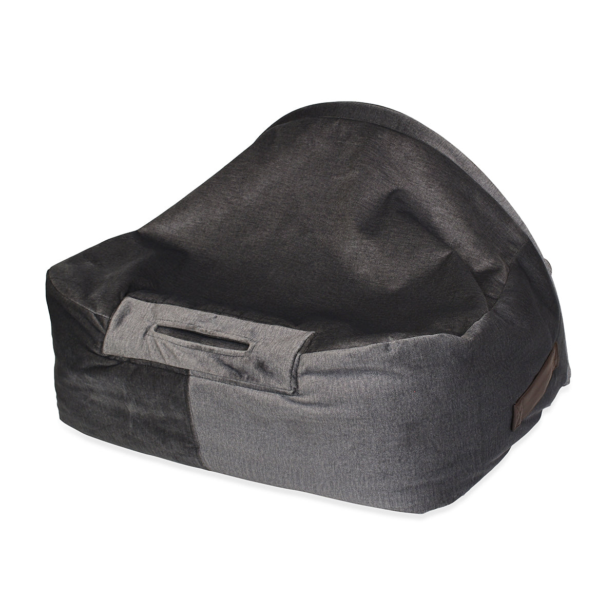 KONA CAVE® Luxury canopy cuddle cave den for burrowing dogs and cats in grey velvet with fluffy fleece lining.  Vegan leather handles and decorative piping on the corners.  Beautiful and high-quality luxury clam bed. 