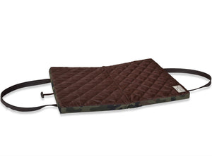 KONA Cave® Portable Travel Dog Bed for restaurants.  Thick and padded folded dog mat with carrying straps. Camouflage with brown quilted nylon.