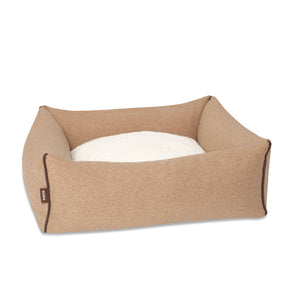 KONA CAVE® luxury dog bed in light brown flannel fabric, with leather trim