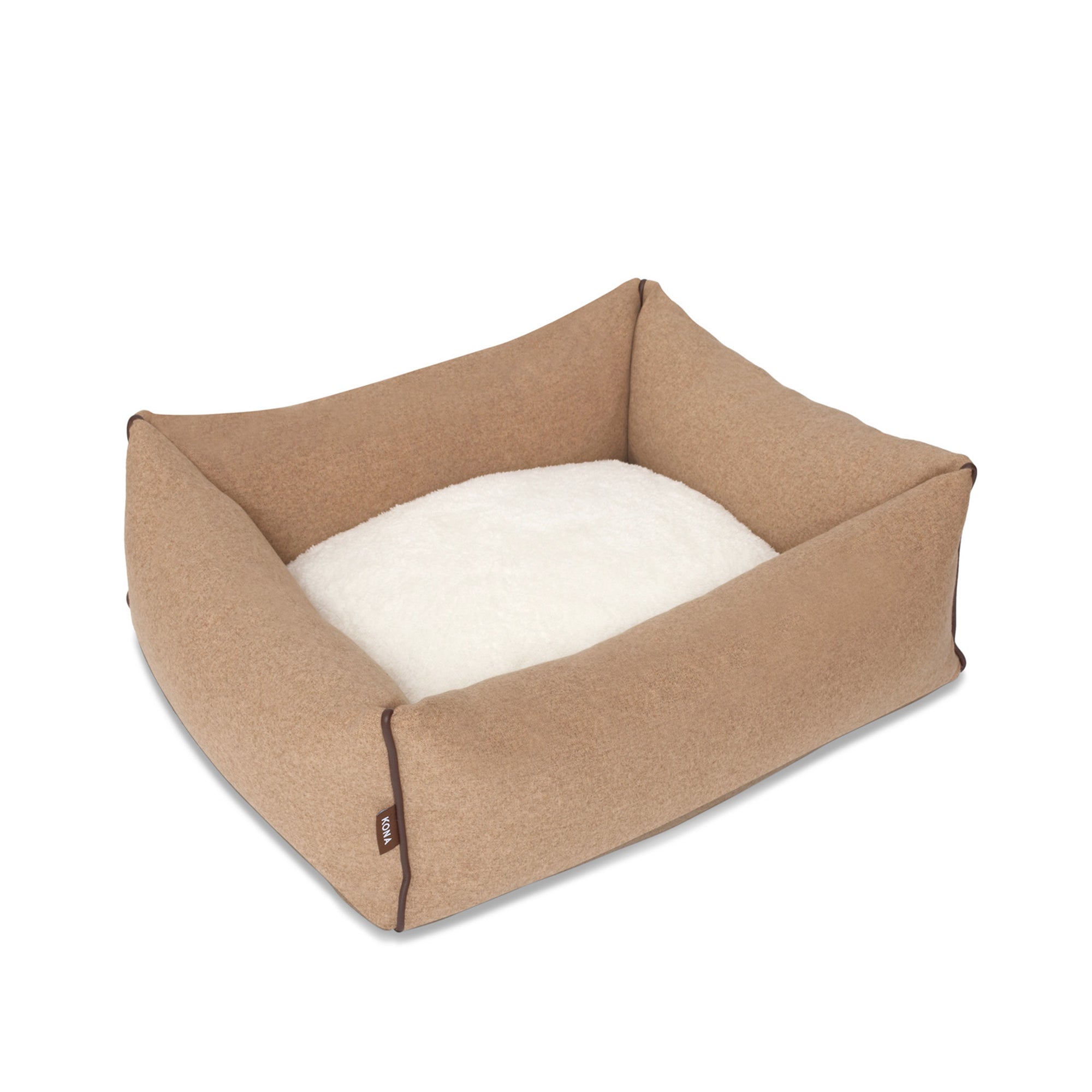 KONA CAVE® luxury dog bed in light brown flannel fabric, with leather trim