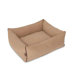 KONA CAVE® luxury dog bed in light brown flannel fabric, with leather trim