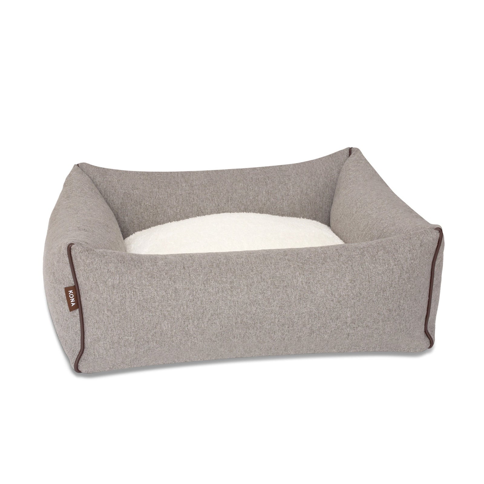 KONA CAVE® luxury bolster dog bed in soft grey flannel fabric with leather trim. Looks like Polo Ralph Lauren Dog Bed
