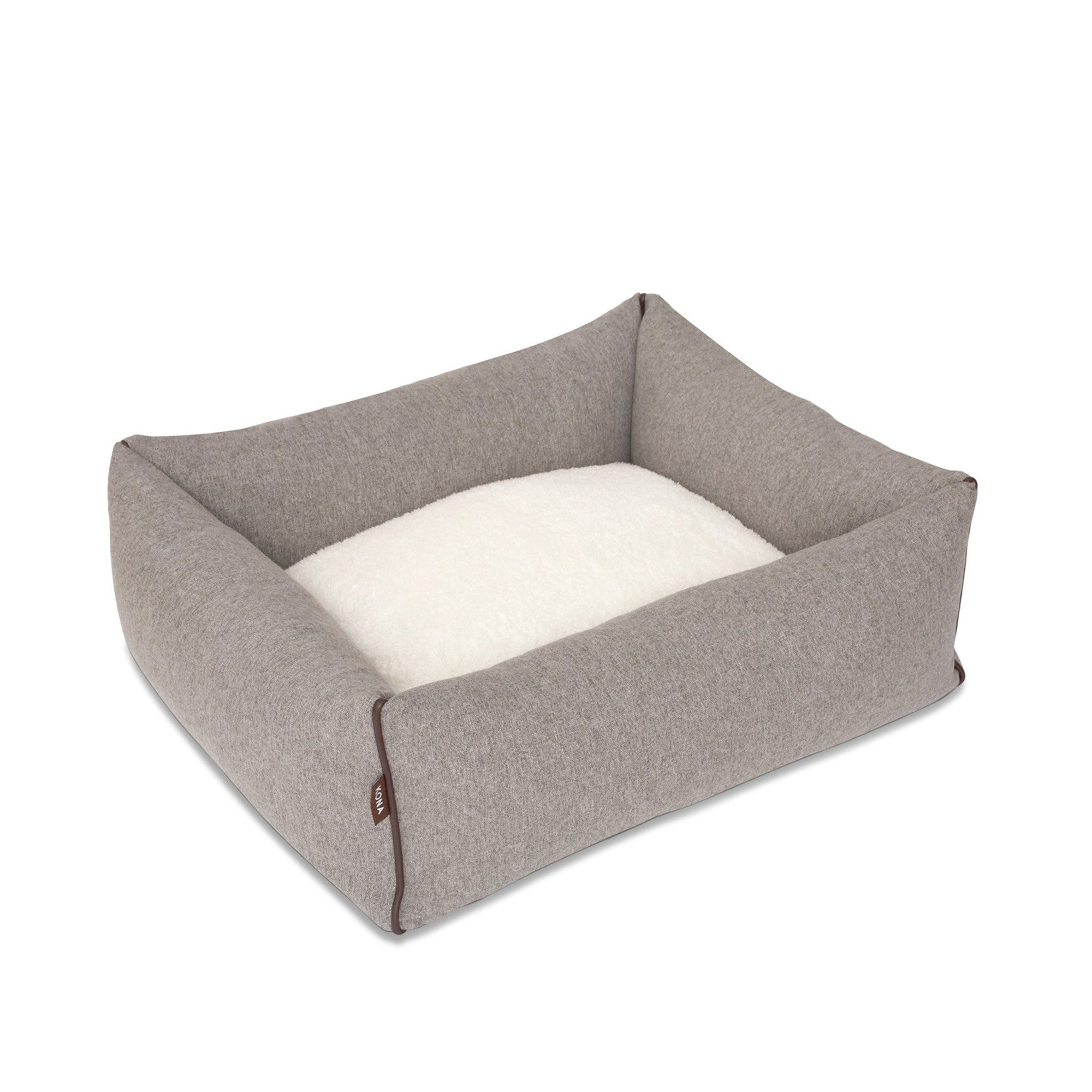 KONA CAVE® luxury bolster dog bed in soft grey flannel fabric with leather trim. Looks like Polo Ralph Lauren Dog Bed. Black Friday Sale