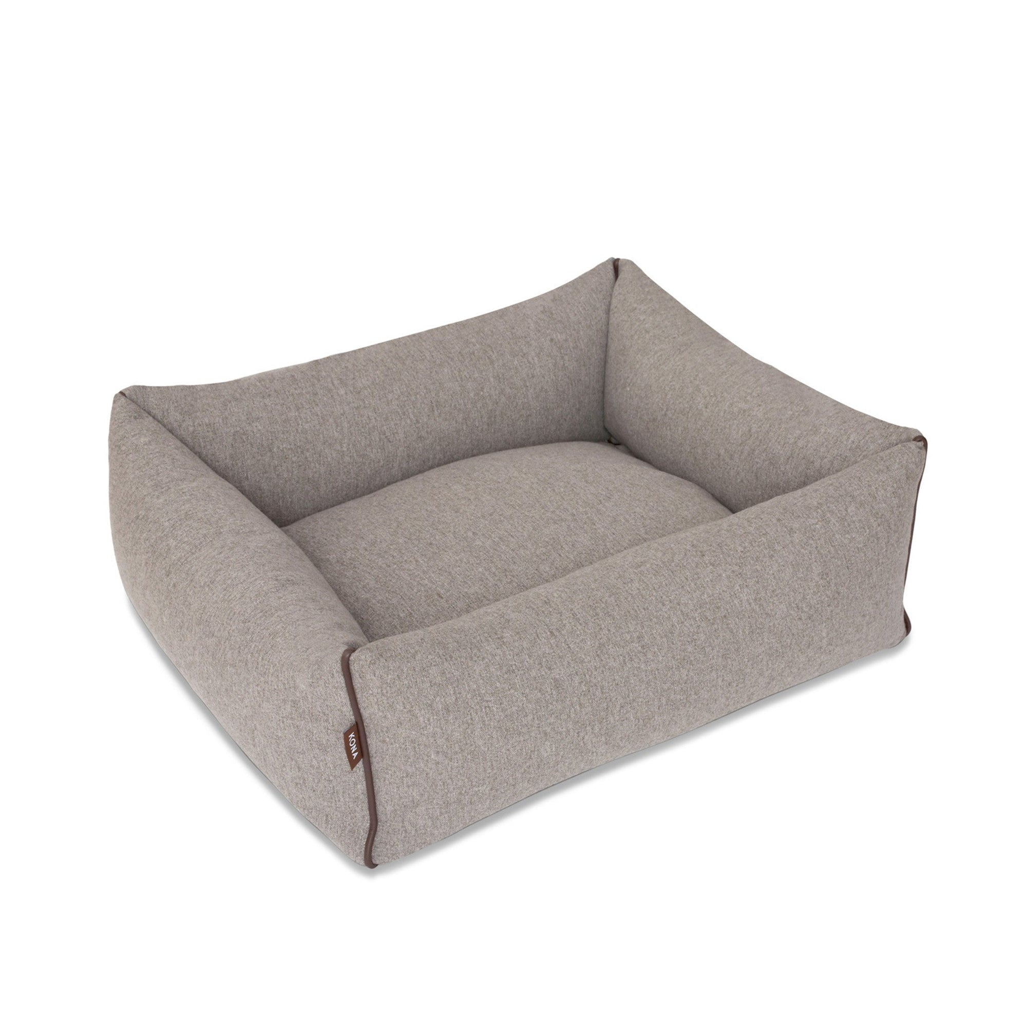 KONA CAVE® luxury bolster dog bed in soft grey flannel fabric with leather trim. Looks like Polo Ralph Lauren Dog Bed. Sale. 