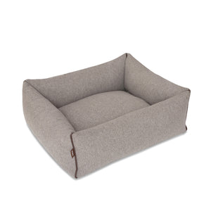 KONA CAVE® luxury bolster dog bed in soft grey flannel fabric with leather trim.