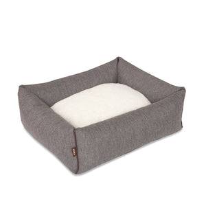 KONA CAVE® luxury dog bed in elegant herringbone fabric with leather trim.  Graues Hundebett.